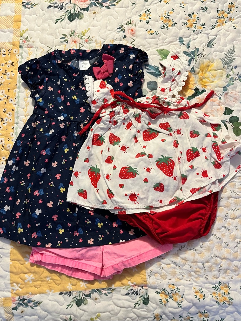 Strawberry Print Tank & Bloomers Set, Navy Floral Dress & Hot Pink Shorts 6 Mo